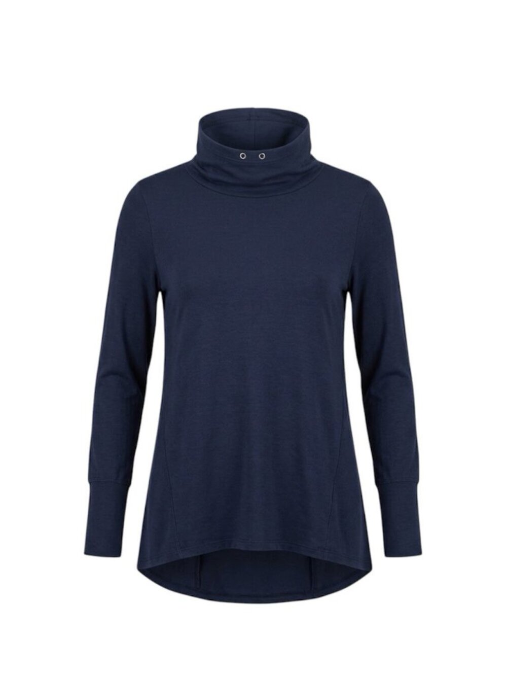 Navy Blue Cowl Neck Tunic Open Button Back Long Sleeve Thumbhole Top Size L
